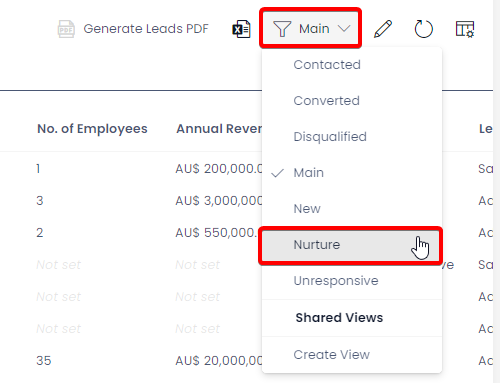 A screenshot of the user changing the view from &quot;Main&quot; to &quot;Nurture&quot; The screenshot is annotated with two red boxes to indicate that the user clicked the &quot;View&quot; drop down menu, and is now about to click on the &quot;Nurture&quot; option in the dropdown menu.